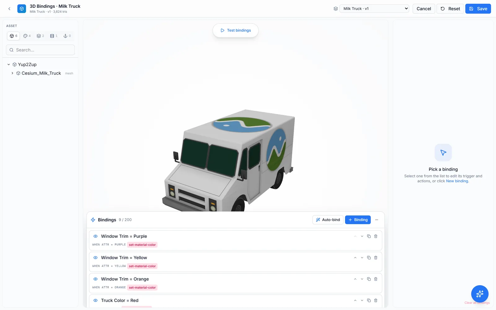 Neblex CPQ 3D bindings viewer rendering a configured vehicle with attribute-driven material bindings