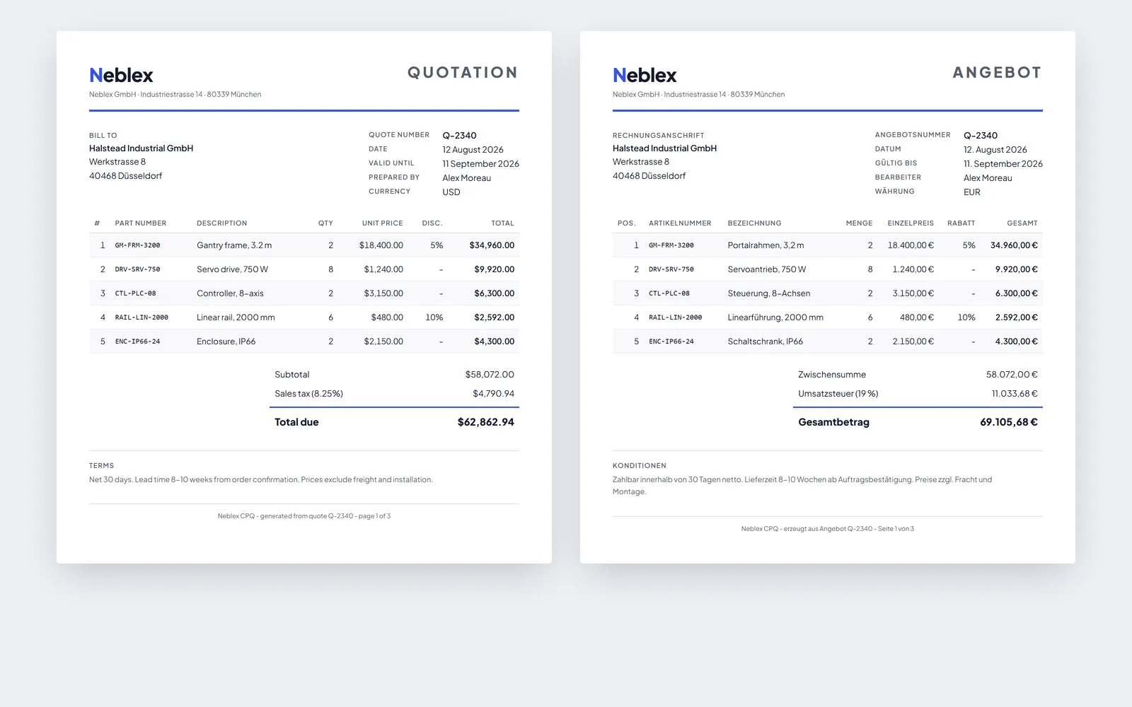 The same Neblex CPQ quotation generated in English with USD pricing and in German with EUR pricing