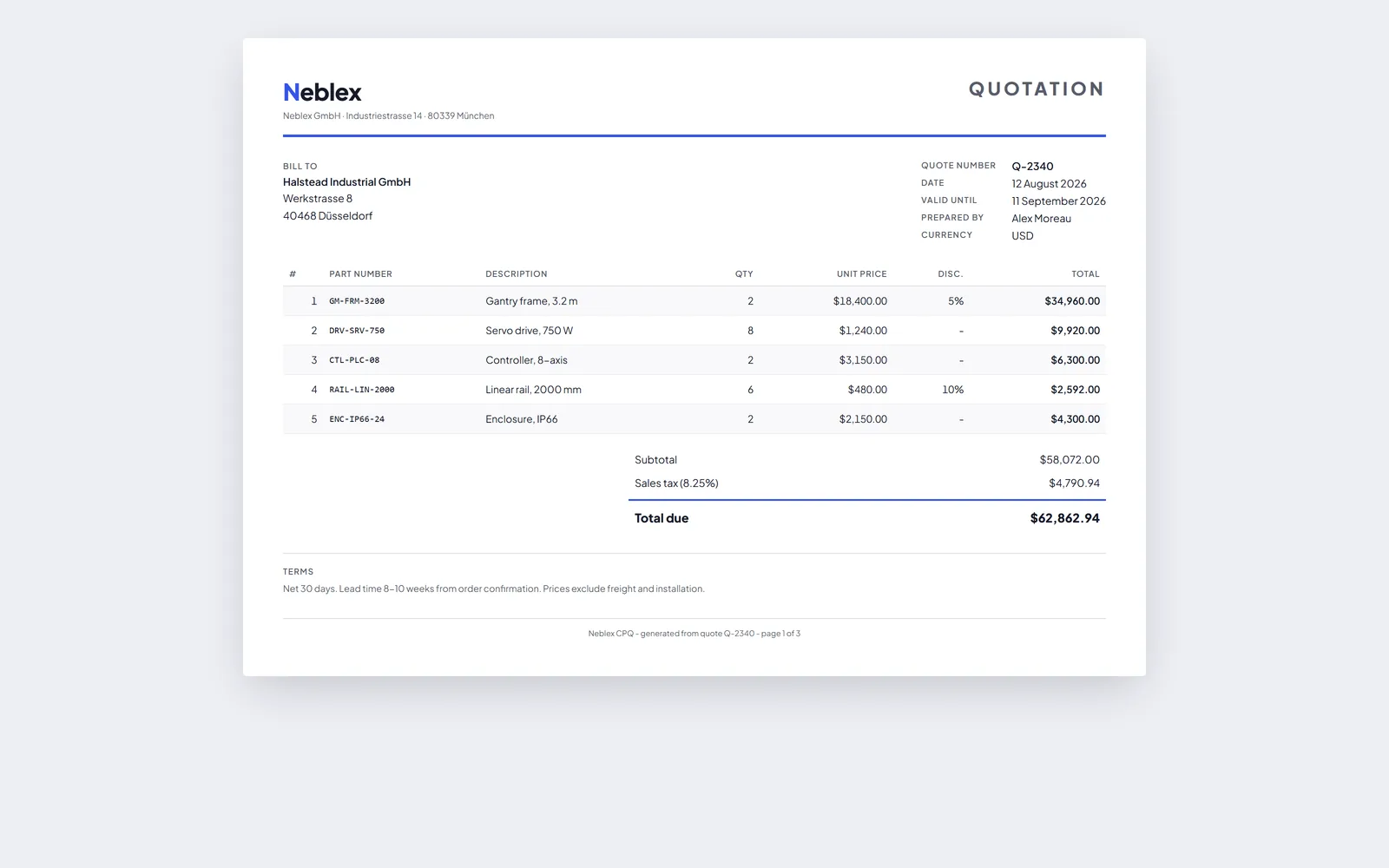 A branded quotation generated from a Neblex CPQ layout, with line items, discounts, tax, and totals