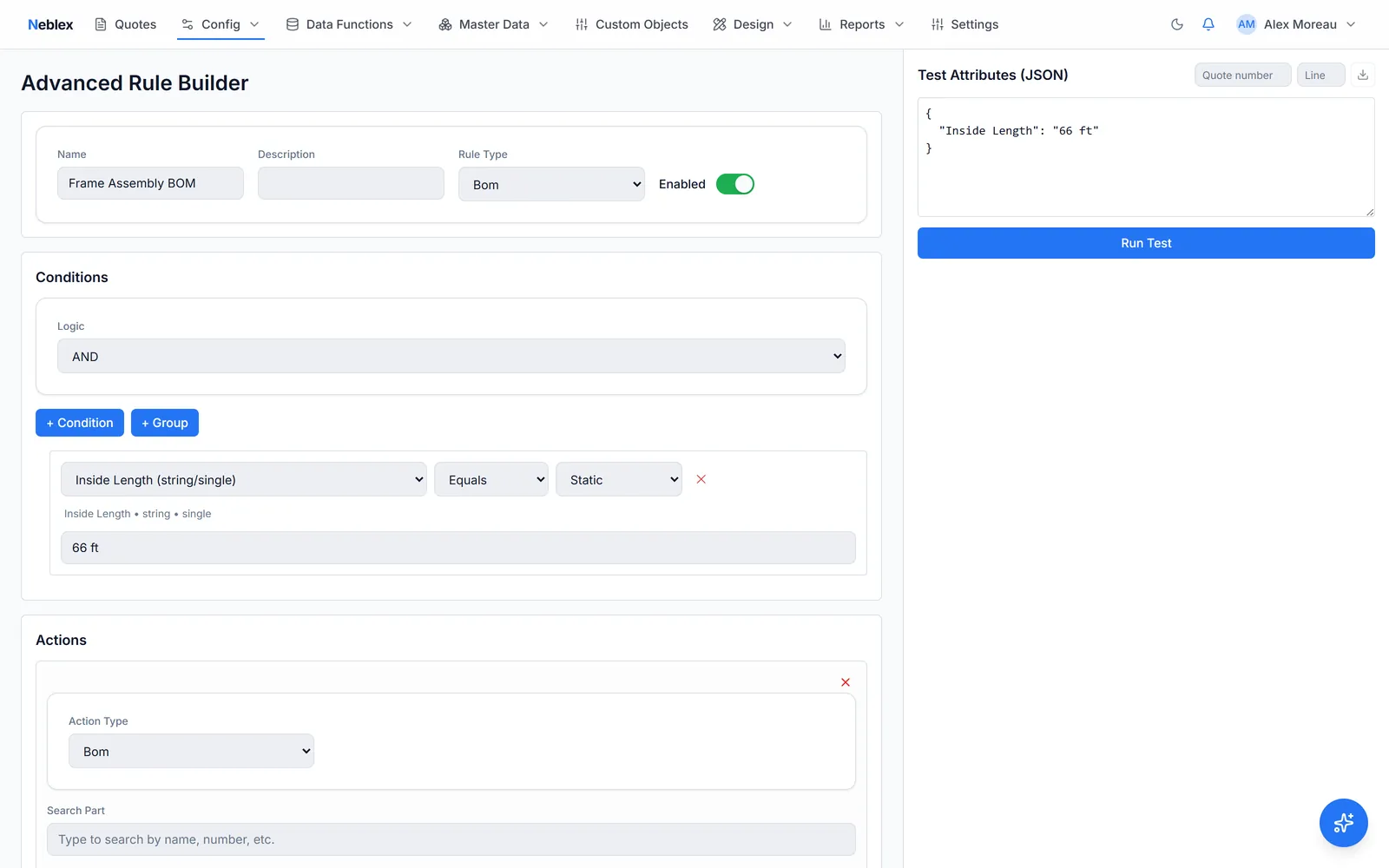 Neblex CPQ advanced rule builder with conditions, actions, and a test-attribute panel