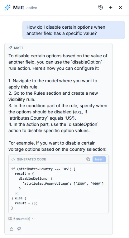 Matt recommending the right rule action in the rule builder