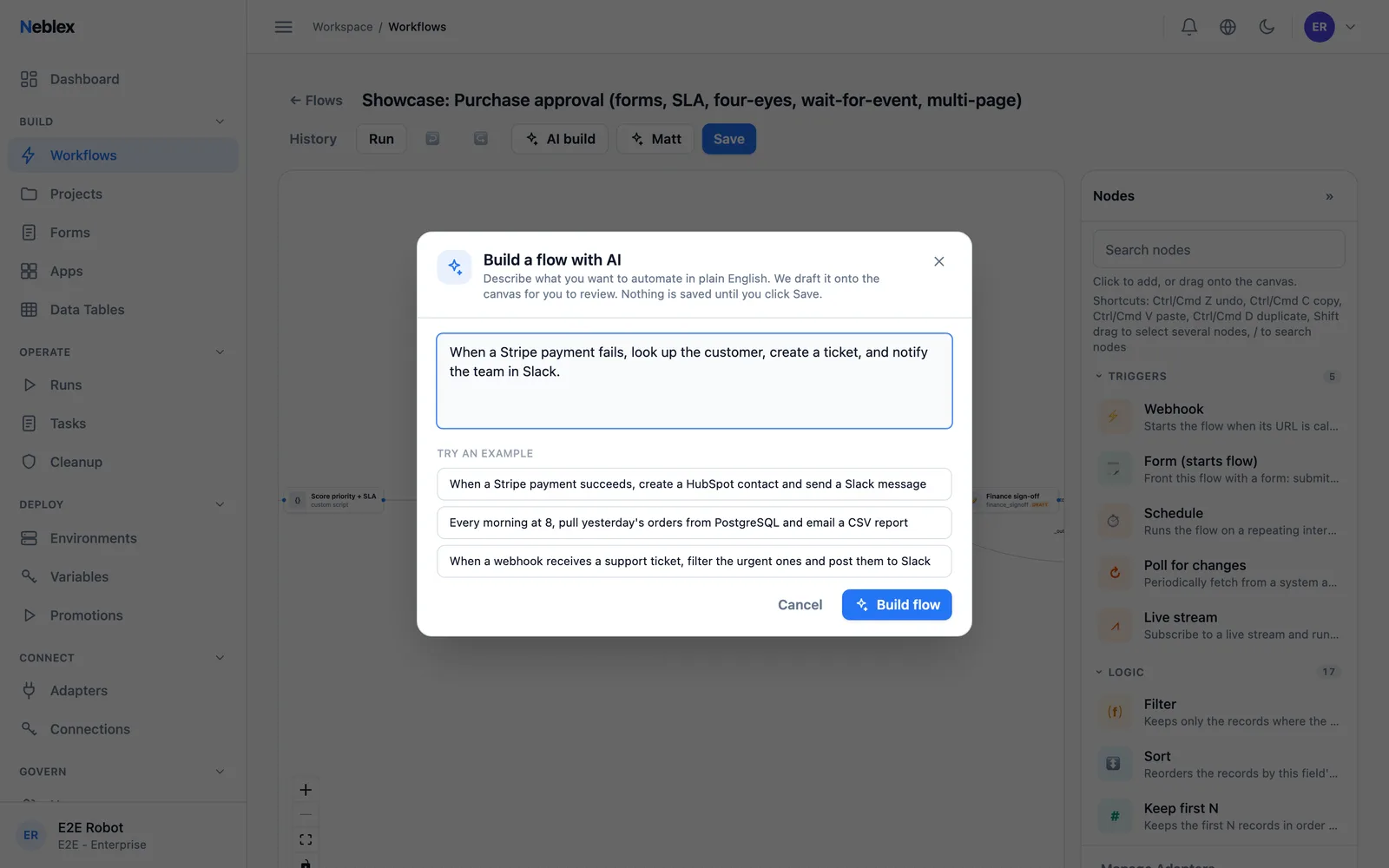 Build a flow with AI dialog drafting a flow from a plain-language description