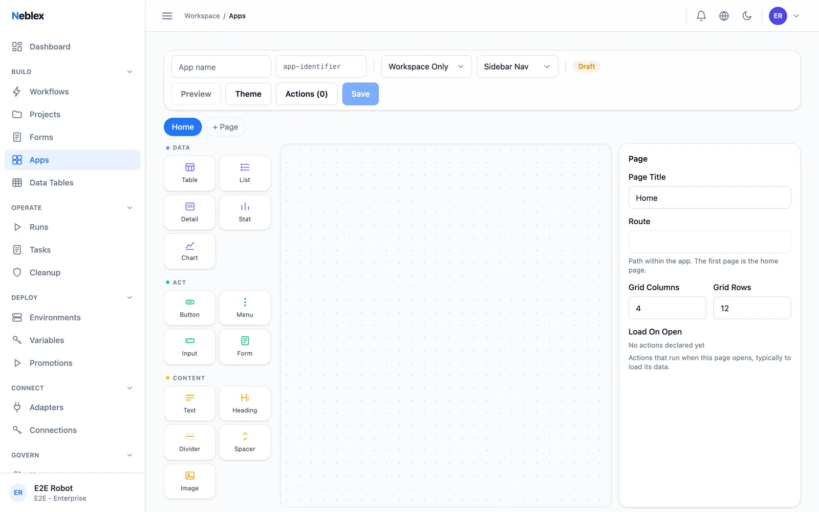 App builder composing pages from flow-backed components