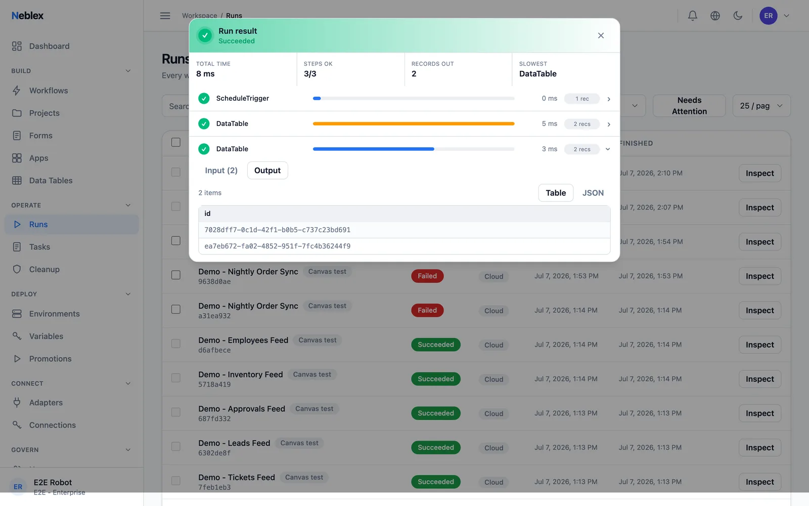 Step-by-step run inspection with per-step inputs and outputs