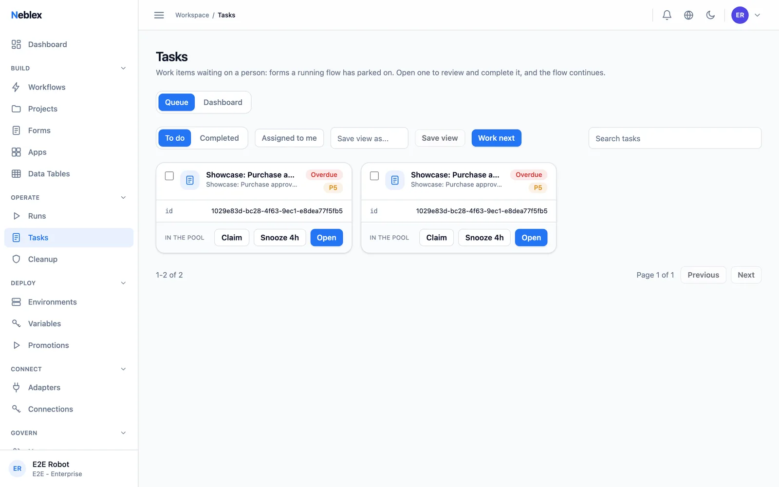 Task inbox with priorities, SLAs, and bulk actions